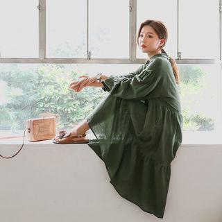 Bishop-sleeve Shirtwaist Tiered Long Dress