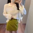 Long-sleeve Polo Knit Top / Faux-leather Mini Skirt