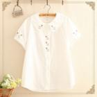 Deer Embroidered Lapel Short-sleeve Blouse