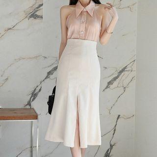 Set: Sleeveless Shirt + Midi Fitted Skirt
