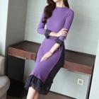 Long-sleeve Chiffon Panel Midi Knit Dress