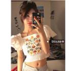 Short-sleeve Embroidered Crop Top White - One Size