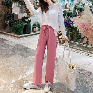 Set: Bandeau + Long-sleeve Sheer Top + Wide Leg Pants