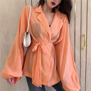 Notch Lapel Chiffon Wrap Blouse With Sash