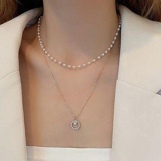 Faux Pearl Hoop Pendant Layered Necklace 3717 - White Faux Pearl - Gold - One Size