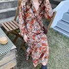 Long-sleeve Floral Print Midi Chiffon Dress As Shown In Figure - One Size