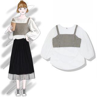 Set: Plain Blouse + Plaid Strappy Top