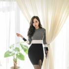 Contrast-panel Slit-hem Bodycon Dress Gray - One Size