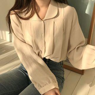Long-sleeve Plain Blouse Beige Almond - One Size