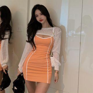 Contrast Trim Spaghetti Strap Mini Bodycon Dress / Long-sleeve Cropped T-shirt