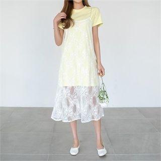 Set: Plain T-shirt Dress + Sheer Laced Dress
