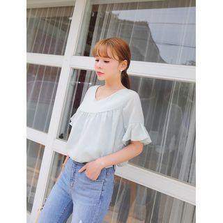 Plus Size V-neck Tie-back Shirred Blouse
