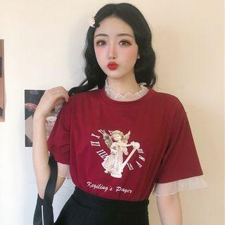 Elbow-sleeve Lace Panel Printed T-shirt