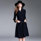 3/4-sleeve V-neck Buttoned Dress