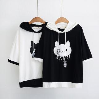 Color Block Elbow-sleeve Cartoon Printed Hoodie