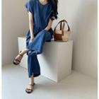 Cap-sleeve Denim Jumpsuit Blue - One Size