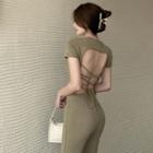 Short-sleeve Plain Open-back Top / High-waist Straight Leg Pants