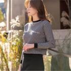Button-trim Patterned Knit Top Black - One Size