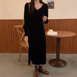 Puff-sleeve Bow Back Midi A-line Dress