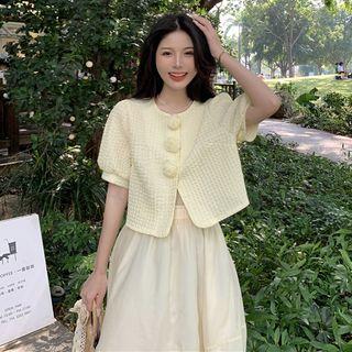 Puff-sleeve Floral Blouse Pale Yellow - One Size