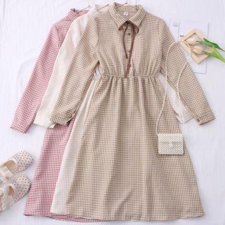 Ribbon-neckline Checker Shirtdress In 7 Colors