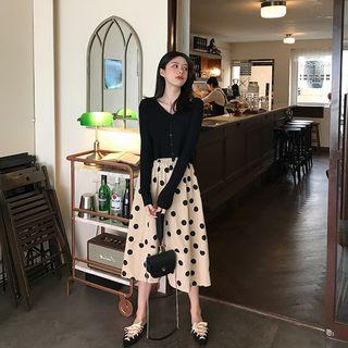 Set: V-neck Cardigan + Midi Dotted A-line Skirt