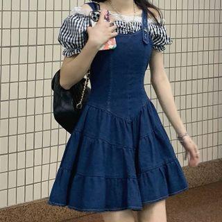 Off-shoulder Gingham Blouse / Denim Overall Dress