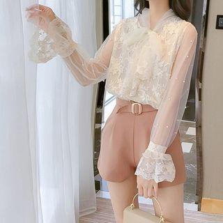Bell-sleeve Lace Faux Pearl Top