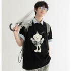 Short-sleeve Bear Print Collared T-shirt