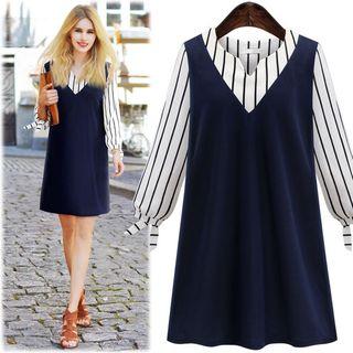 Mock Two-piece Inset Loose-fit Oversized Striped Sheath Panel Dress