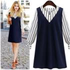 Mock Two-piece Inset Loose-fit Oversized Striped Sheath Panel Dress
