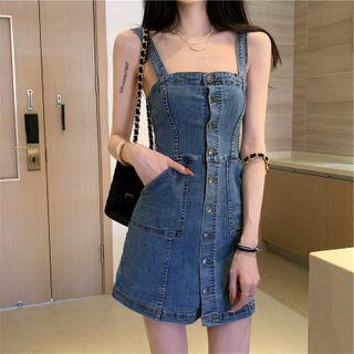 Spaghetti Strap Button-up Mini A-line Denim Dress