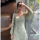 Long-sleeve Floral Print Mini A-line Dress Green - One Size