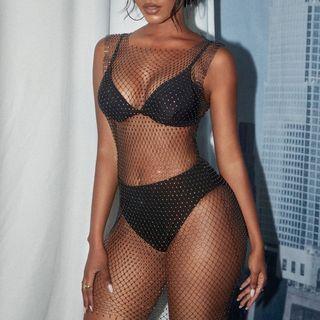 Rhinestone Fishnet Dress Black - One Size