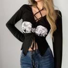 Graphic Halter-neck Long Sleeve V-neck T-shirt