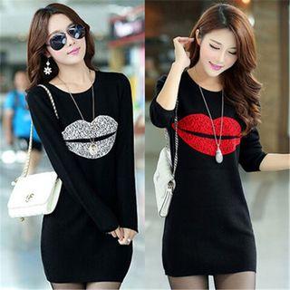 Lips Print Long-sleeve Mini T-shirt Dress
