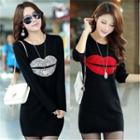 Lips Print Long-sleeve Mini T-shirt Dress
