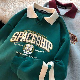 Open-collar Lettering Print Sweater