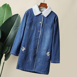 Cat Embroidered Washed Denim Coat