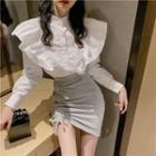 Stand-collar Ruffle-trim Long Shirt / Drawstring Mini Skirt