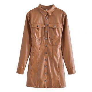 Long-sleeve Faux Leather A-line Shirt Dress