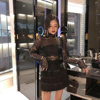 Long-sleeve Lace Top / Mini Skirt / Set