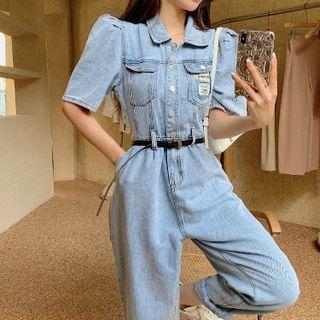 Puff-sleeve Cargo Denim Straight Leg Jumpsuit
