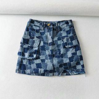 High-waist Color-block Denim Mini Skirt