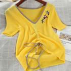 Embroidered Short-sleeve Knit Top Yellow - One Size