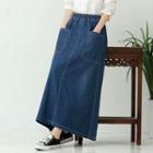 Denim Midi A-line Skirt Dark Blue - One Size