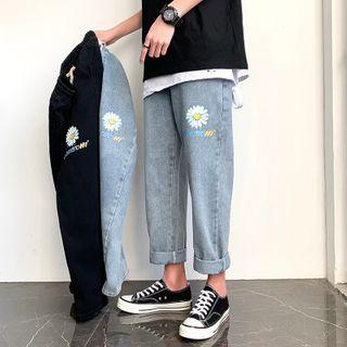 Flower Print Straight-cut Cropped Jeans