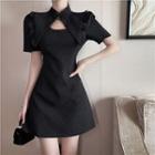 Short-sleeve Cutout Frog-button Mini A-line Dress
