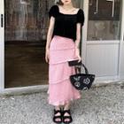 Puff-sleeve Square Neck Top / Floral Maxi Pencil Skirt