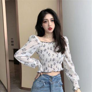 Long-sleeve Floral Print Smocked Blouse